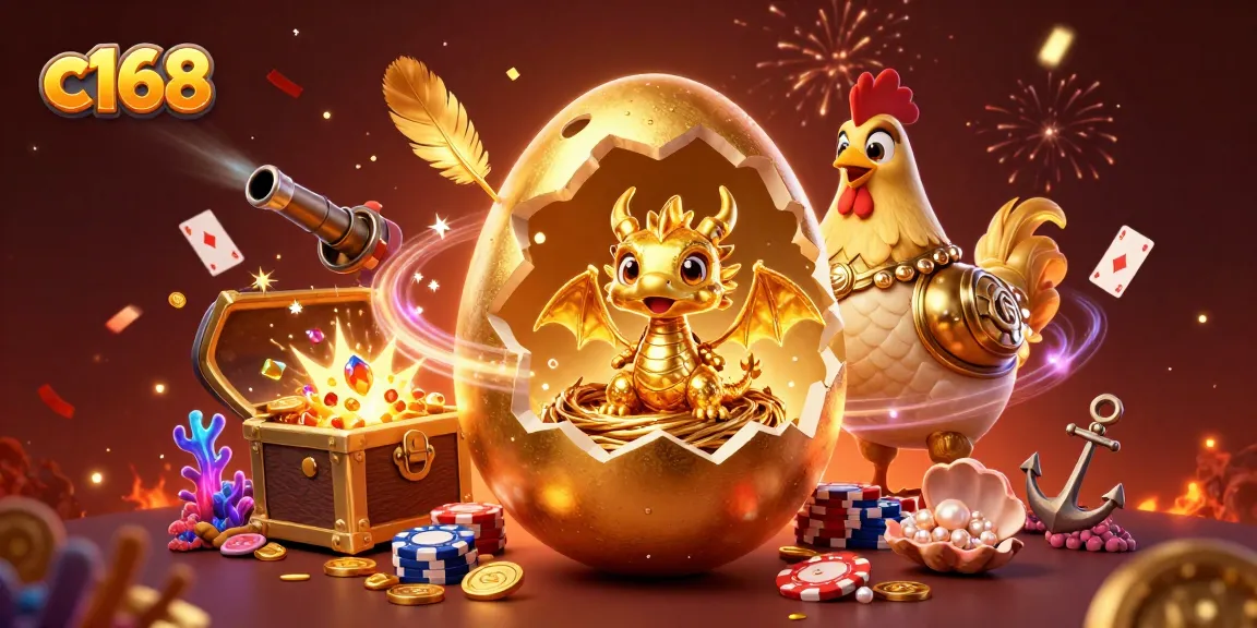 Experience the thrill of c168 as the golden dragon emerges from the jackpot egg surrounded by casino treasures.