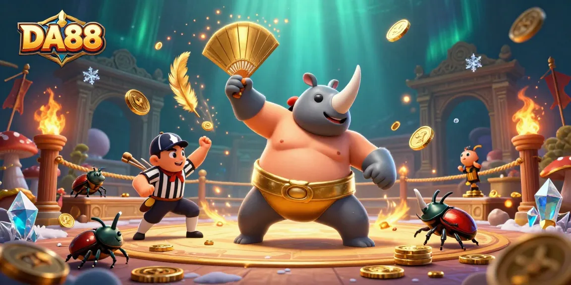 Experience the thrilling DA88 action with the sumo champion beetle and lively casino scene.
