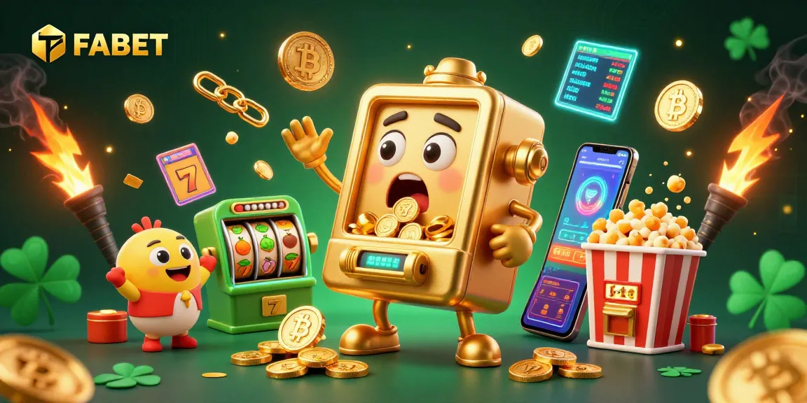 FABET slot machines hit a jackpot with coins pouring out, featuring vibrant casino elements.