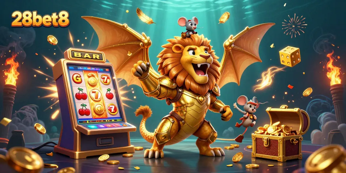 Win big at 28bet8 with a dynamic scene showcasing a lively chimera and abundant casino elements.