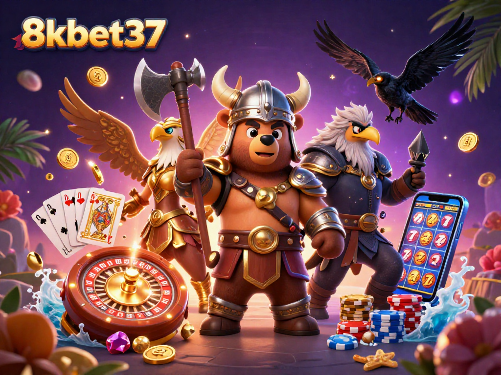 Engage with thrilling spins at 8kbet37, featuring unique Viking and Valkyrie casino-themed characters.