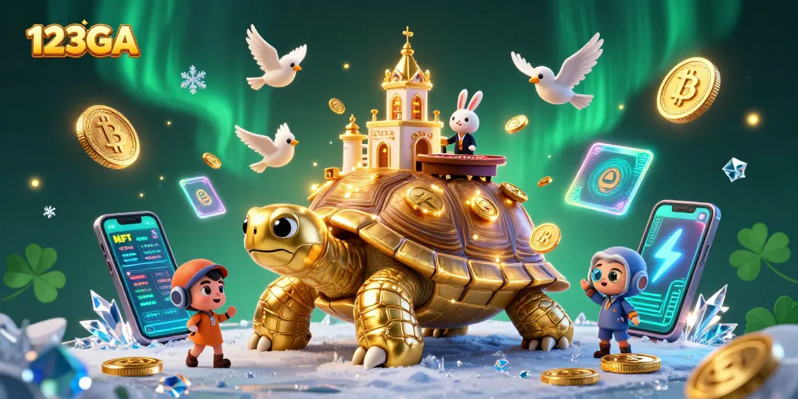 Engage with 123GA in a vibrant casino world featuring a golden tortoise, a rabbit dealer, and crypto coins.