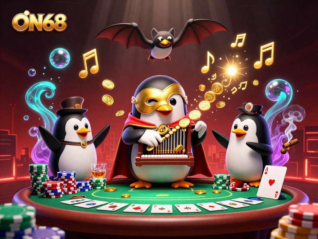 Experience the excitement of ON68 with a 3D penguin organist, poker elements, and golden coins.