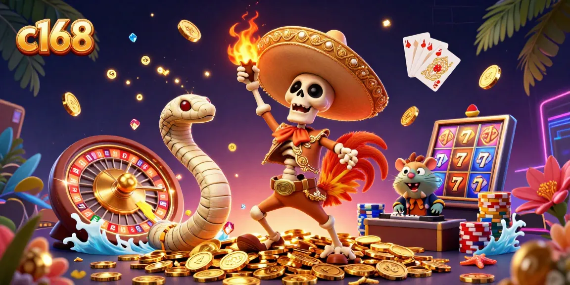 c168’s skeleton mariachi rooster celebrates with golden coins and vibrant casino symbols in a dynamic gaming scene
