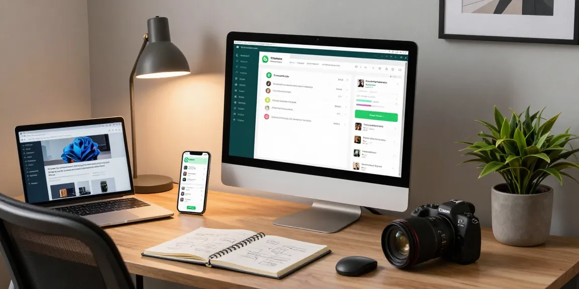 Engaged user interacting with WhatsApp電腦版 on stylish office desktop setup.