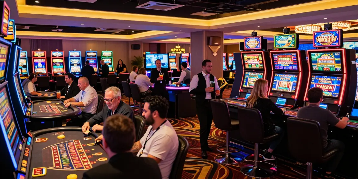 Atmosfera di gioco dinamica in un casino non AAMS con giocatori che si divertono con vari giochi e un ambiente vivace.