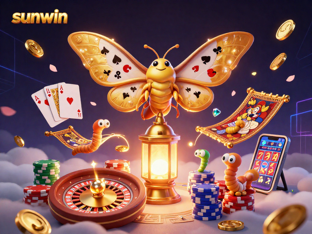 Experience thrilling gameplay at sunwin with an illustration of a golden moth and vibrant casino elements.