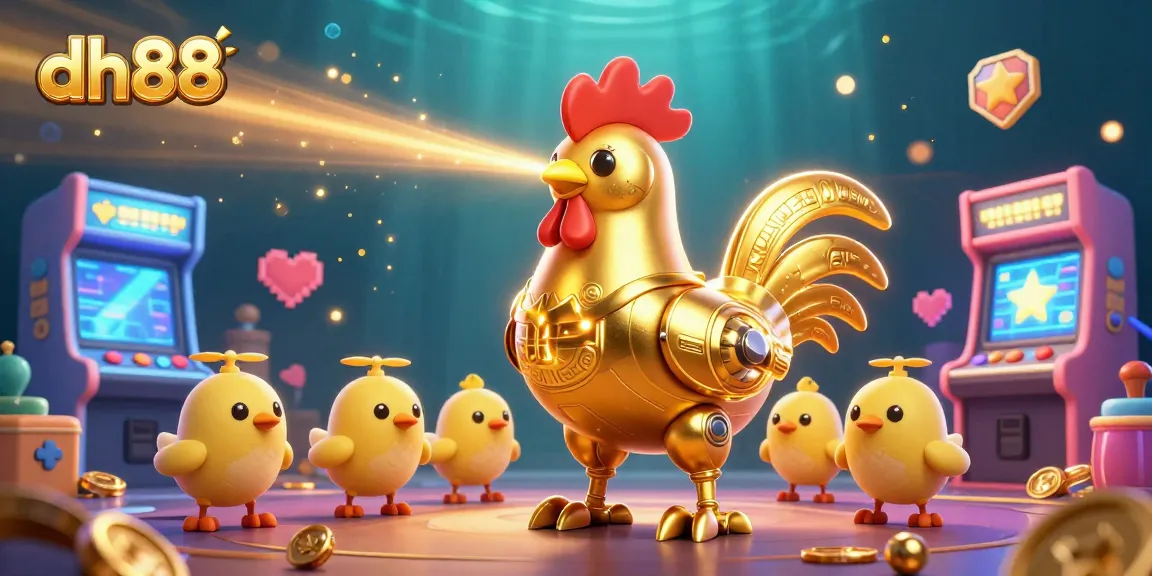 Engage with the vibrant dh88 gaming scene featuring a golden rooster robot and dynamic arcade elements.