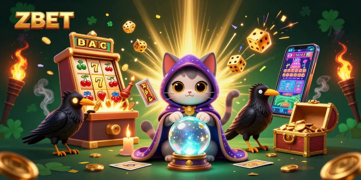 ZBET animated scene featuring a mystical cat, raven, and flames amidst jackpot winning symbols
