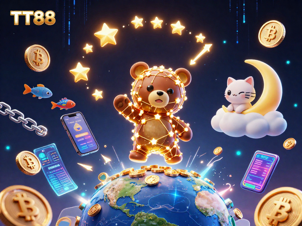 TT88 constellation bear collecting coins in a vibrant online casino scene full of colorful elements.