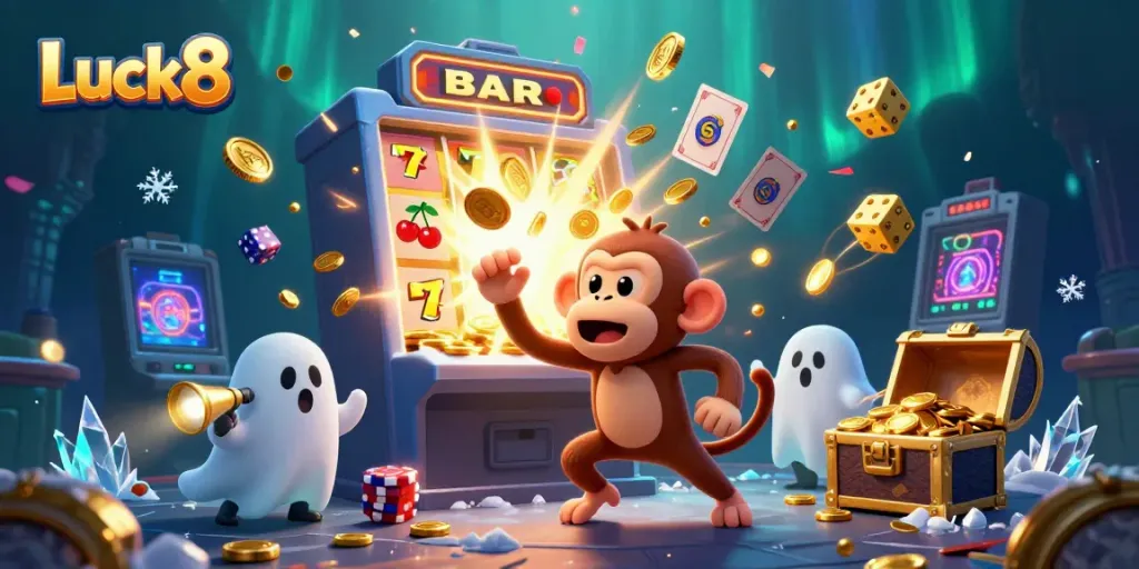 Luck8's exciting casino scene featuring a mischievous monkey juggling gold coins with a puppy pursuing, showcasing vibrant gaming elements.