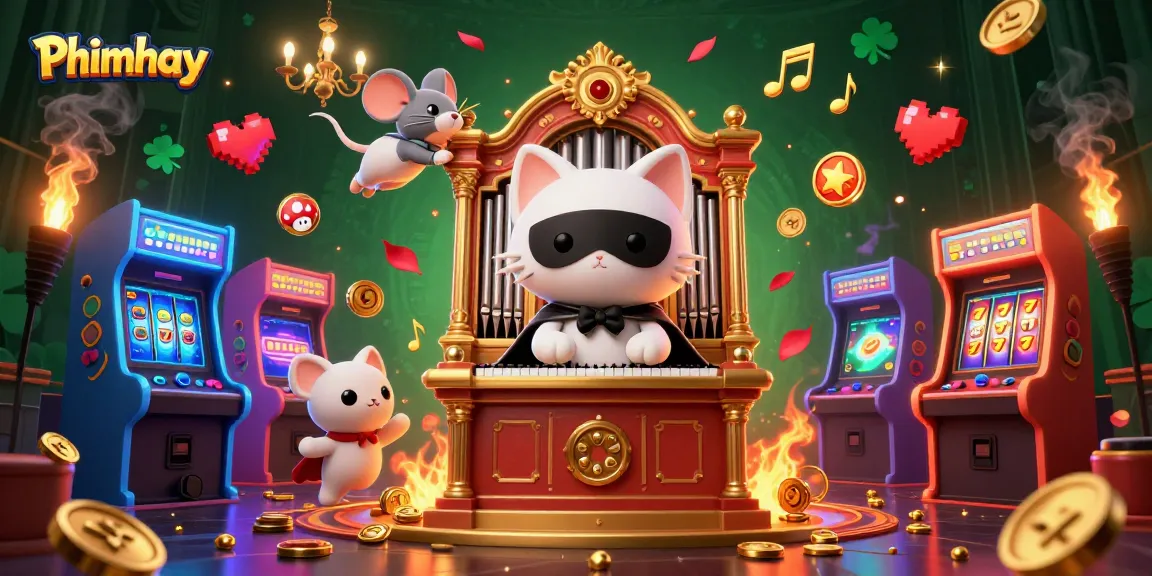 Engage with Phimhay's thrilling gaming atmosphere featuring a phantom cat, acrobat mouse, and slot game elements.