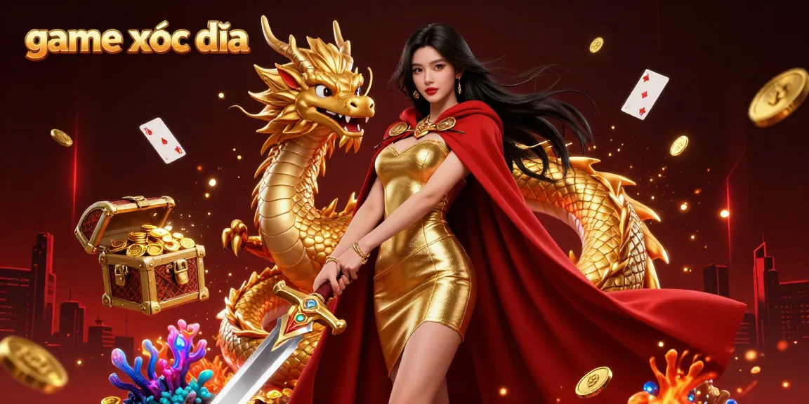 Engage in the exciting game xóc đĩa with a stunning warrior queen and golden dragon in a vibrant casino illustration.