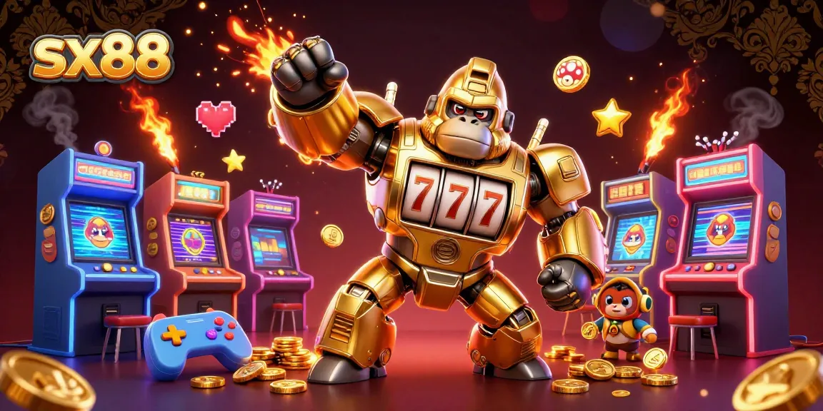 SX88 unleashes thrilling slot action with a golden gorilla mech amidst exploding coins and arcade excitement.