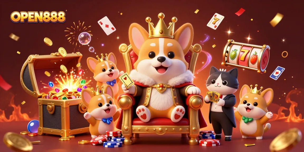 Win big at OPEN888 with a vibrant scene of a royal corgi on a poker chip throne surrounded by gambling treasures.