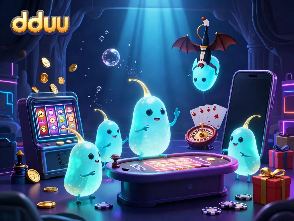 Engage with dduu at a vibrant cave casino illuminated by glowworms, featuring dynamic game elements.