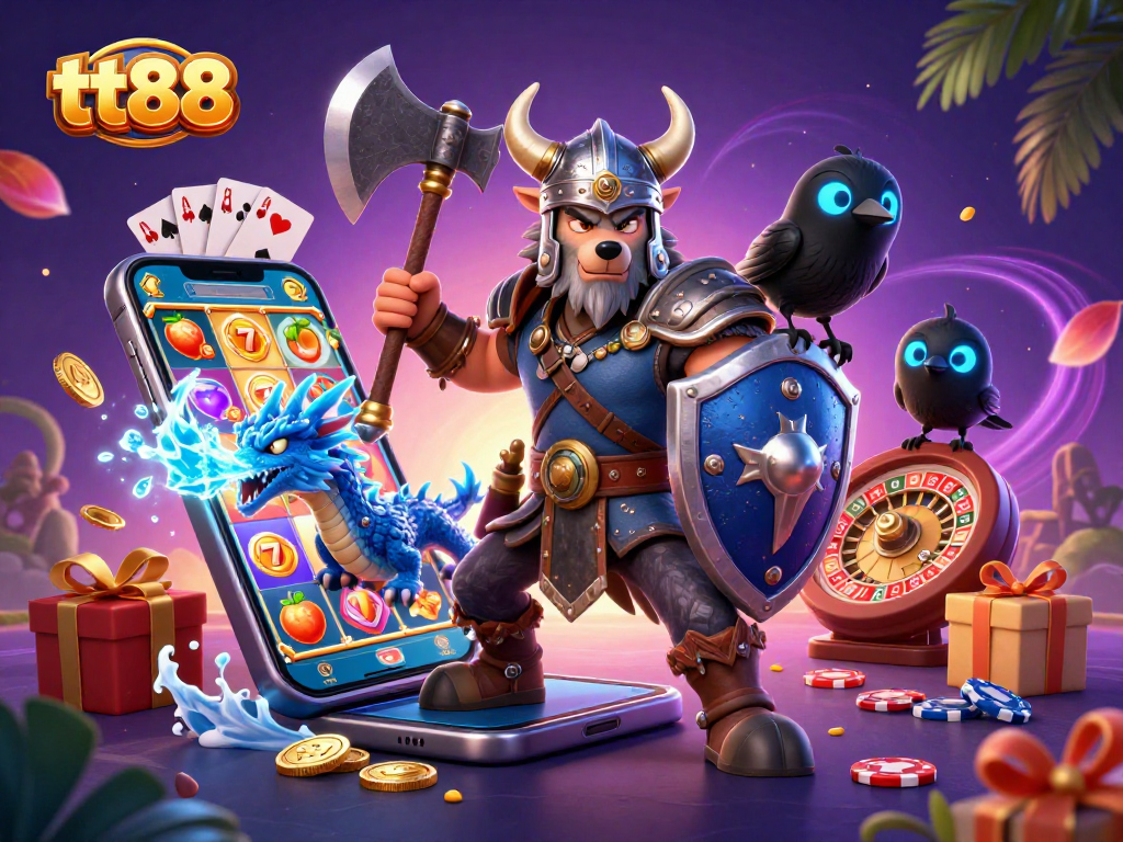 Engage with tt88's exciting slots through a dynamic 3D scene featuring cartoon characters and vibrant game elements.