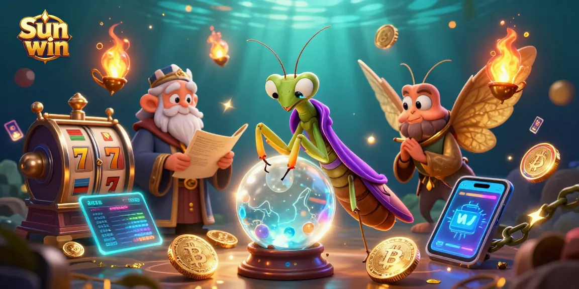 Engage with Sun win’s vibrant casino scene featuring animated fortune tellers, slot reels, and shimmering crypto elements.