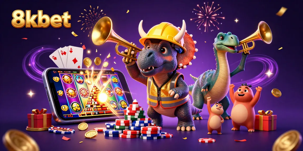 Experience the excitement of 8kbet with a triceratops building poker chips and a parasaurolophus celebrating.