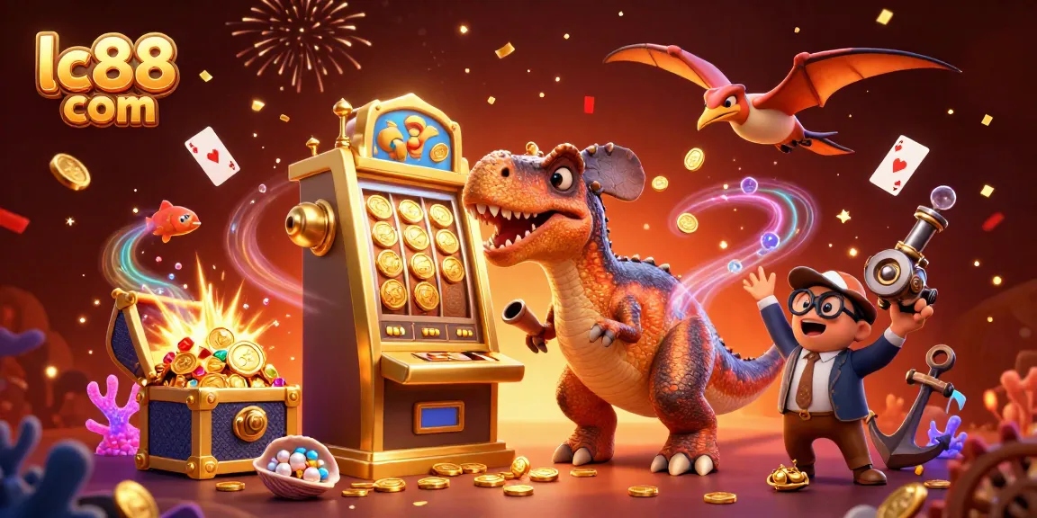 Experience jackpot thrills with lc88 com as dinosaurs celebrate winning coins at a vibrant casino