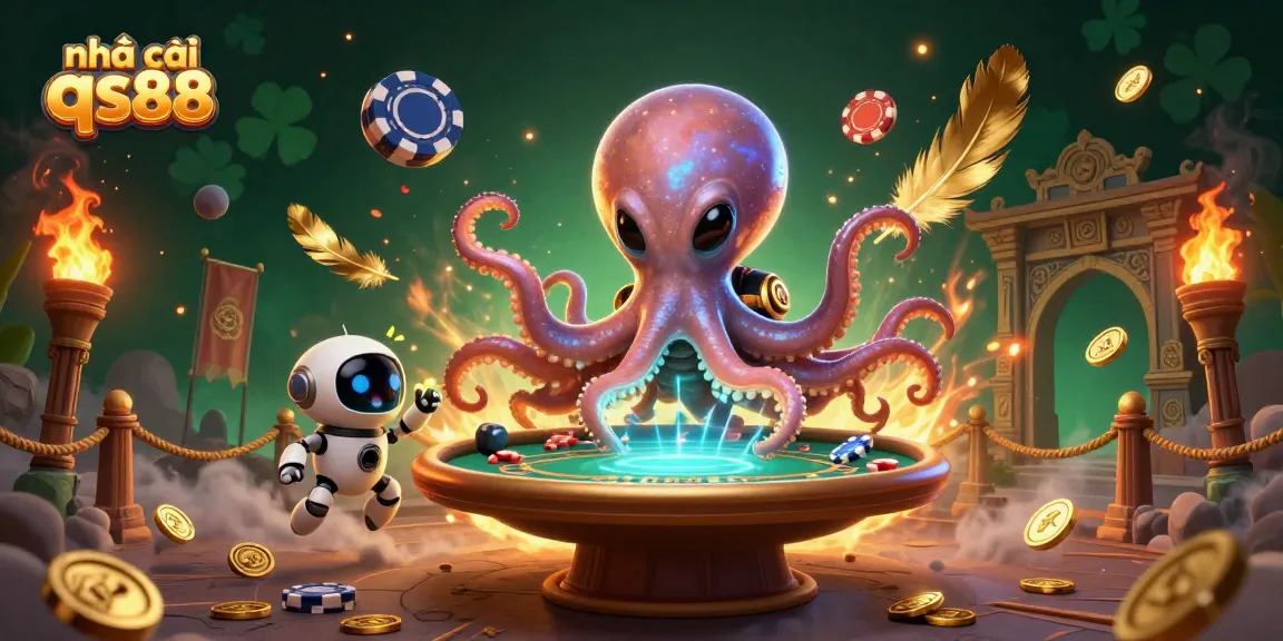Experience the fun at nhà cái qs88 with this lively 3D illustration featuring an alien octopus and poker elements.
