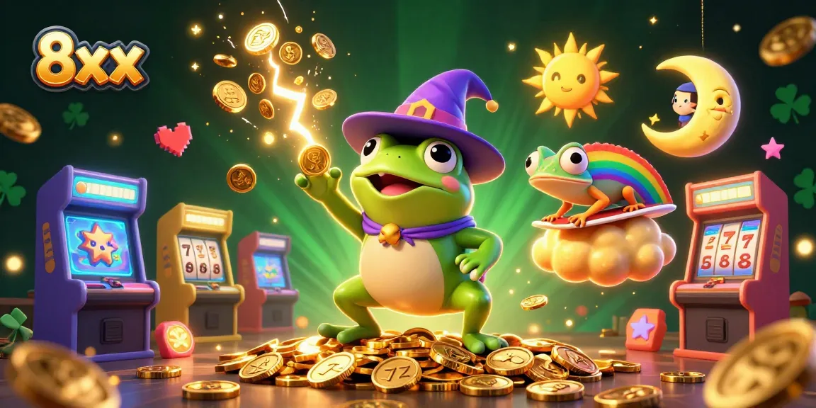 Experience thrilling wins with 8xx casino's vibrant characters and golden prize storm illustration.