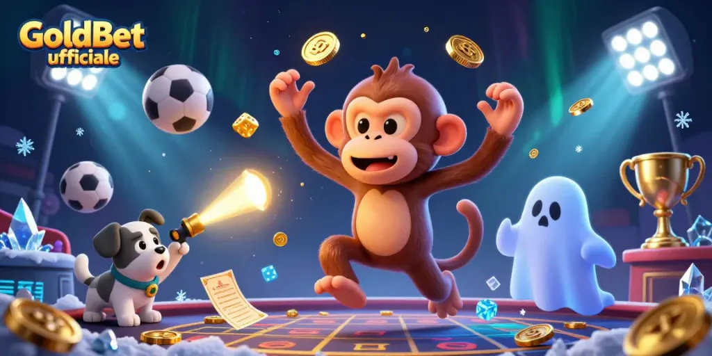 Il gameplay emozionante su GoldBet ufficiale con mascotte e monete d'oro in un casinò.