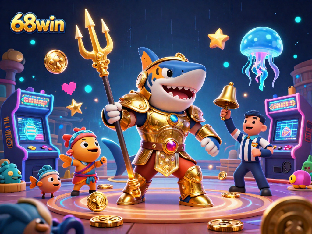 Experience thrilling adventures at 68win with a vibrant underwater casino scene featuring a tiger shark.