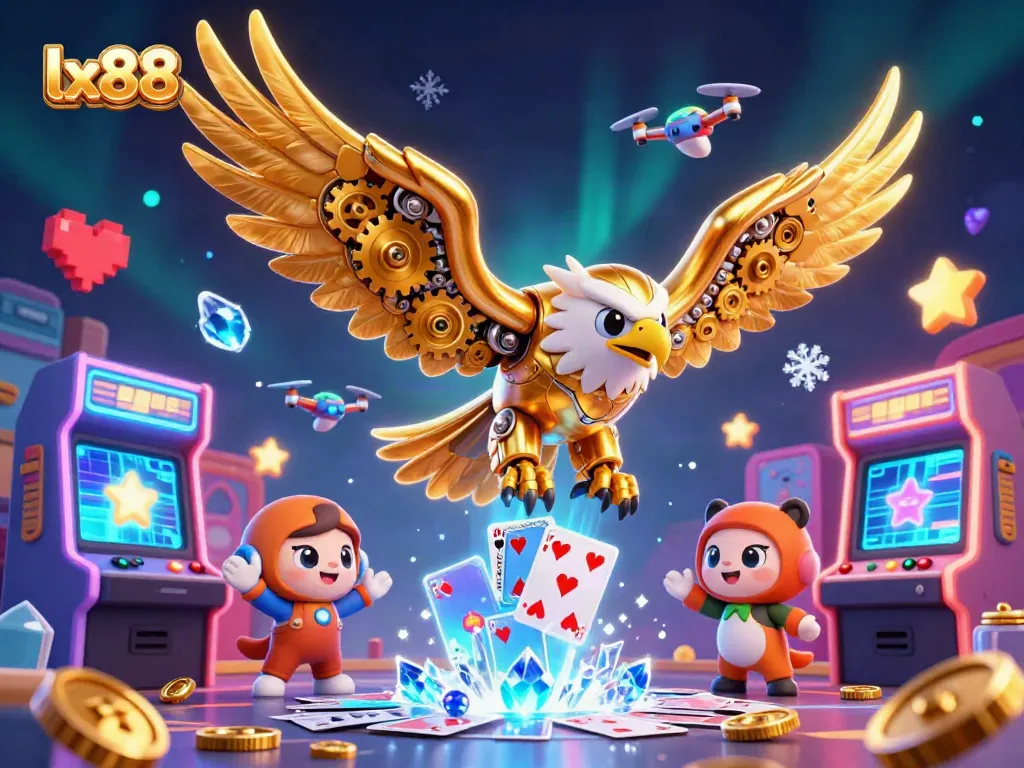 Experience the thrill of gaming with lx88 in a vibrant 3D illustration of a cybernetic eagle among casino elements.