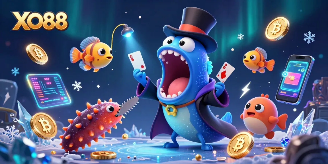 Engage with XO88 showcasing magical card tricks in a vibrant underwater casino atmosphere.