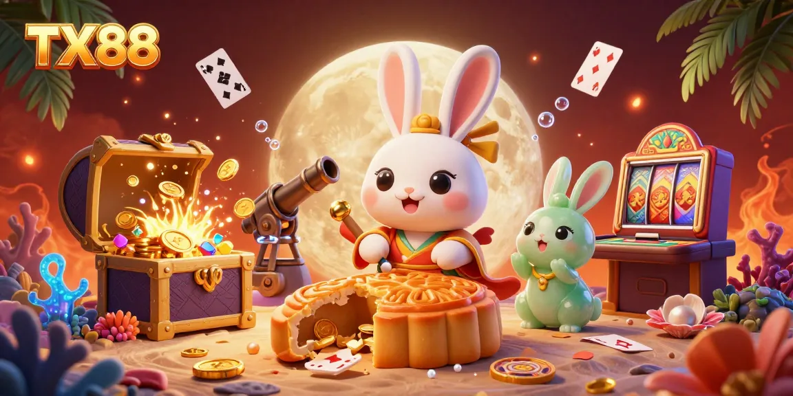 Experience TX88's vibrant casino atmosphere with a moon rabbit amidst golden poker chips and dynamic gaming elements.