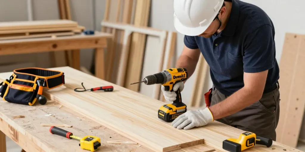 Avvitatore Dewalt in uso da un professionista nel cantiere, evidenziando attrezzature e sicurezza.