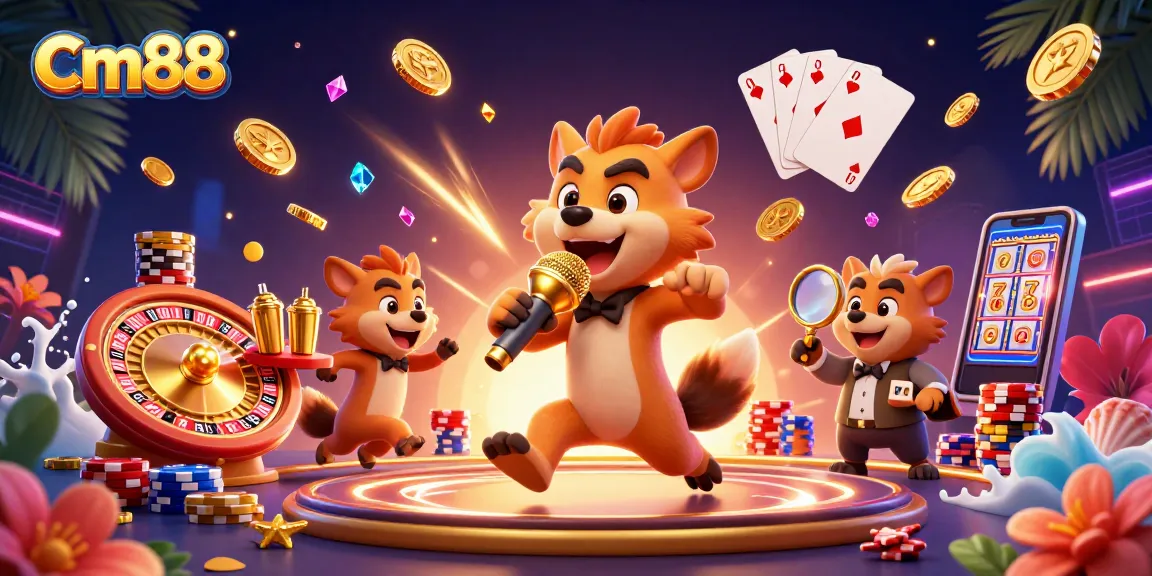 Engaging casino scene featuring Cm88 with hyenas, lively games, and golden treasures.