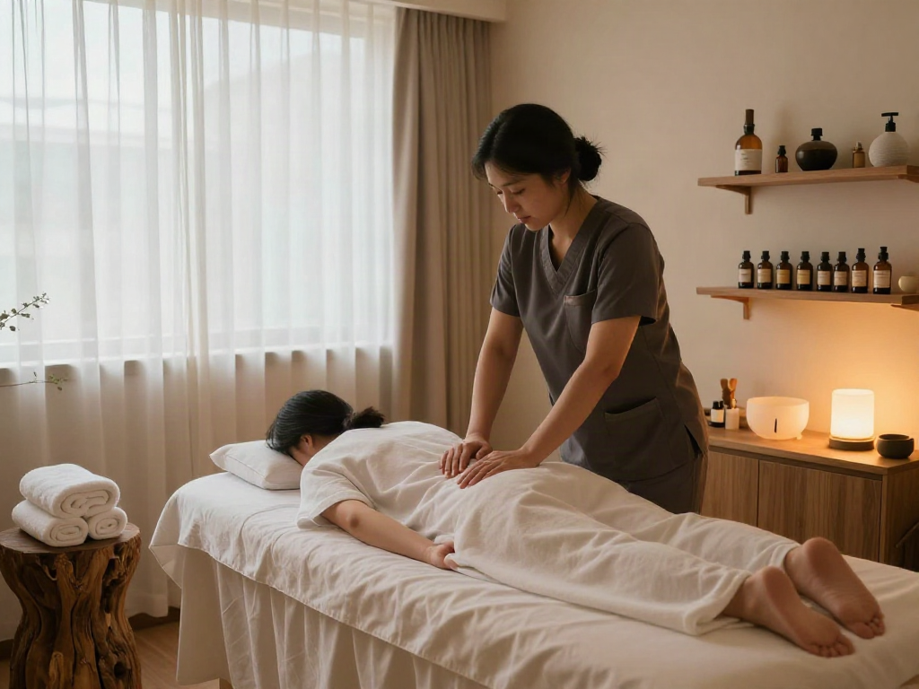 Experience a relaxing 용인출장마사지 in a serene therapy room, featuring aromatherapy oils and a calming atmosphere.