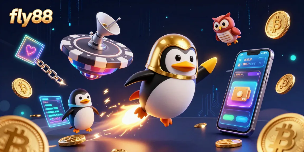 Experience thrilling gambling with fly88 featuring a golden penguin and neon crypto elements.