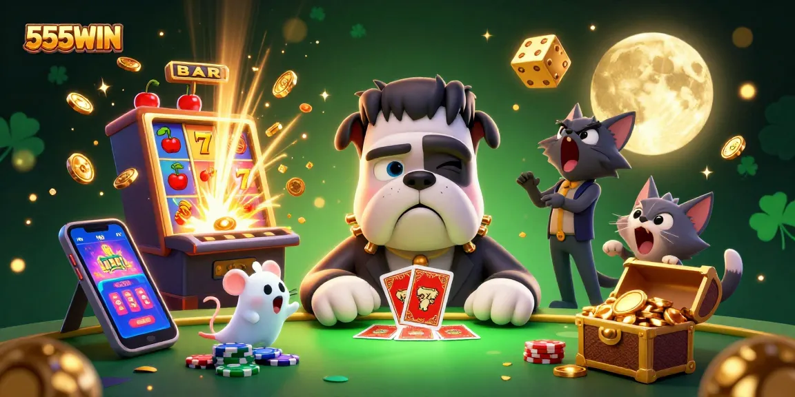 Experience thrilling gameplay at 555WIN with a vibrant casino scene featuring engaging characters and dynamic slot elements.