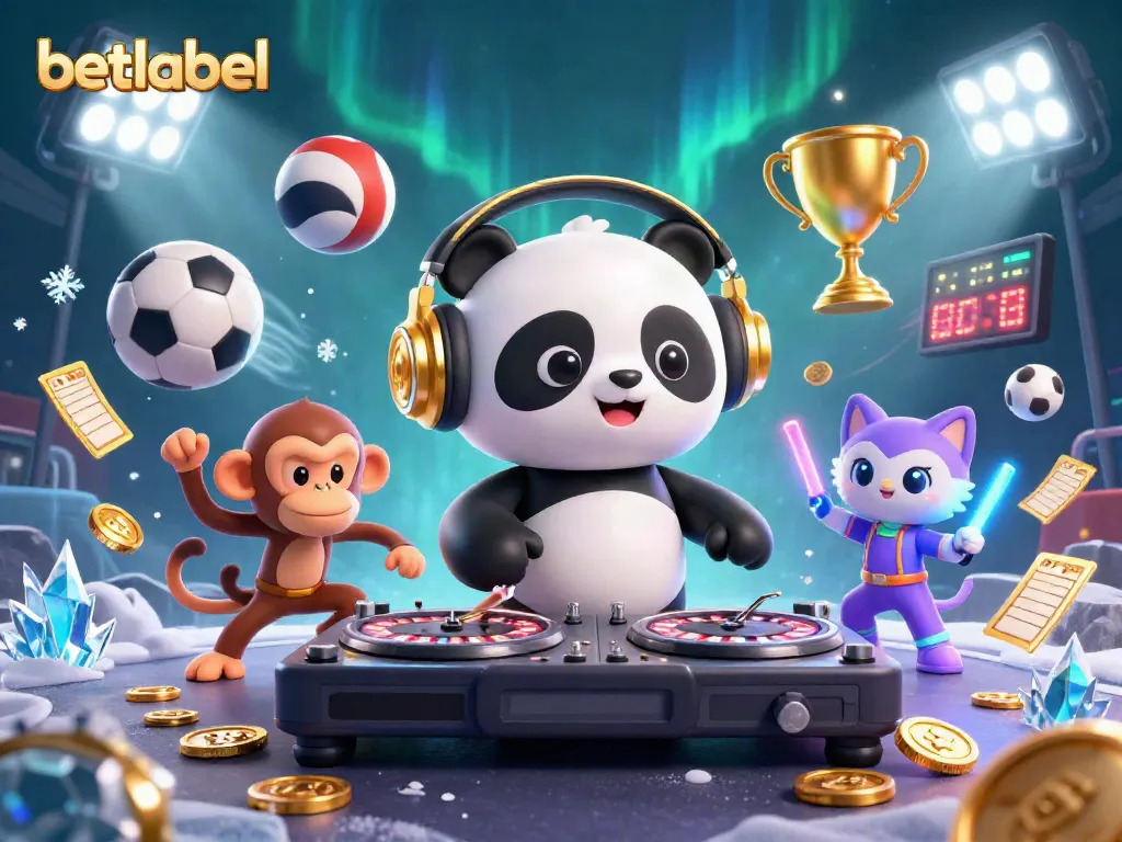 Join the excitement at betlabel with a lively 3D illustration of a DJ panda, dancers, and dynamic sports elements.