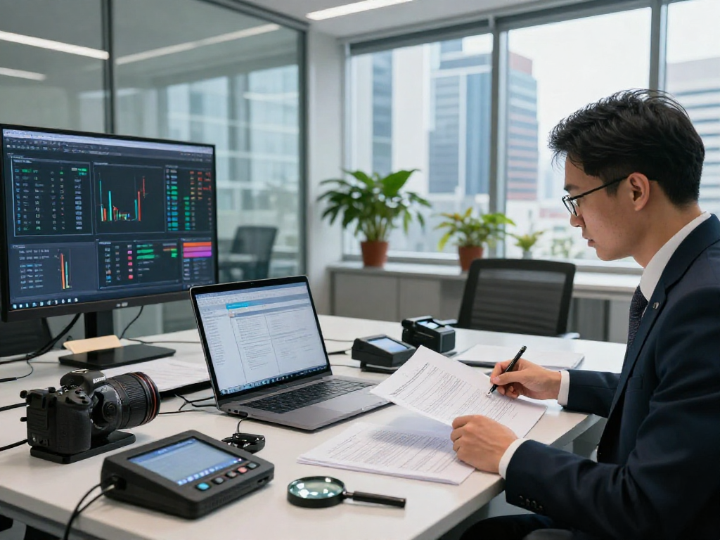 Document fraud detection in action as a compliance officer analyzes suspect documents with advanced software in a modern office.