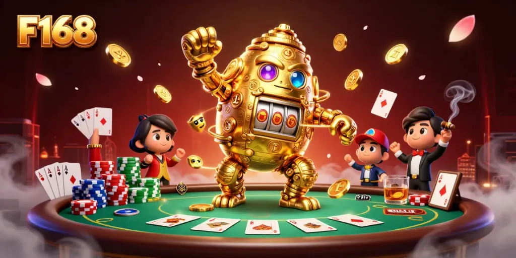 Experience thrilling gaming action with F168 at a dynamic 3D casino scene featuring golden golems and poker elements.