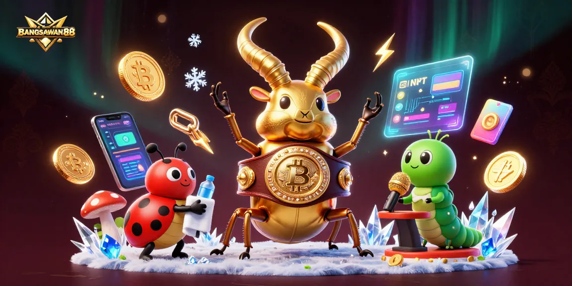 BANGSAWAN88 champions the online gaming world with a vibrant 3D show of casino elements, including coins and growth charts.
