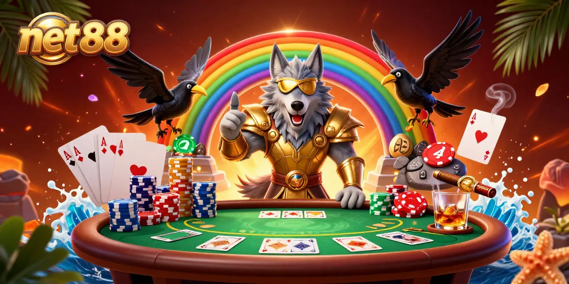 Engage with net88's vibrant casino world featuring Odin, ravens, and dynamic poker elements.