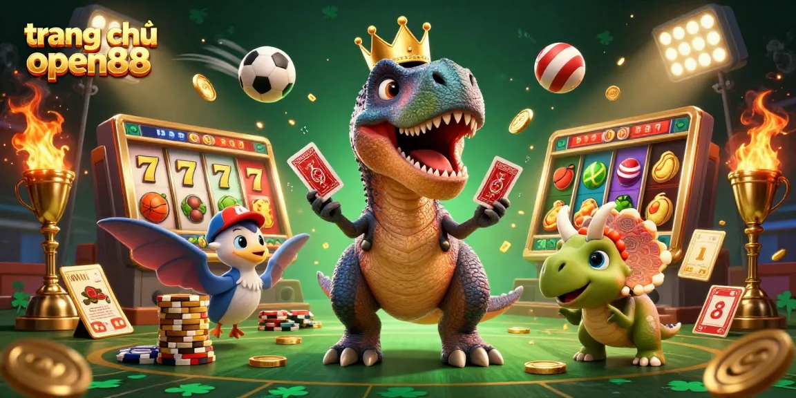 Engaging scene of trang chủ open88 with a T-Rex shuffling cards and a triceratops stacking chips amidst casino elements.