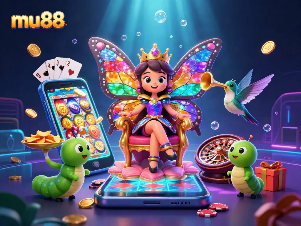 Play to win with mu88's vibrant casino illustration featuring a butterfly queen and slot games.