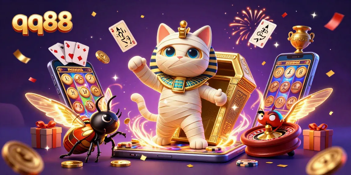 Experience the thrilling atmosphere of qq88 with a dynamic casino scene featuring a mummy cat and a scarab beetle.