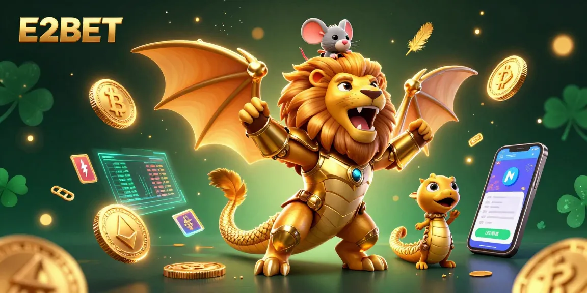 E2BET offers thrilling gaming experiences with a vibrant chimera character and crypto elements.