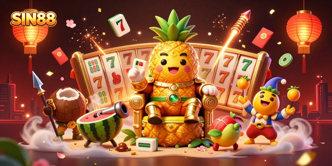 Experience exhilarating fun with SIN88's vibrant casino scene filled with 3D elements, slot reels, and joyful characters.