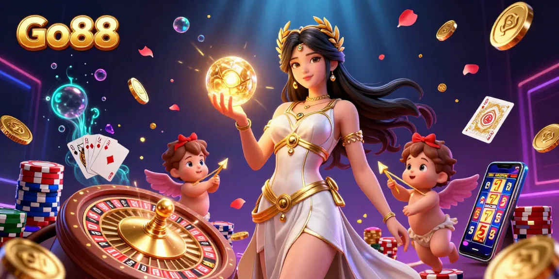 Experience the thrill of Go88 with a goddess and Cupid cherubs amidst golden coins and casino elements.