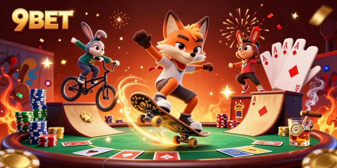Experience thrilling gaming at 9BET with a dynamic scene of cartoon fox and rabbit in a casino