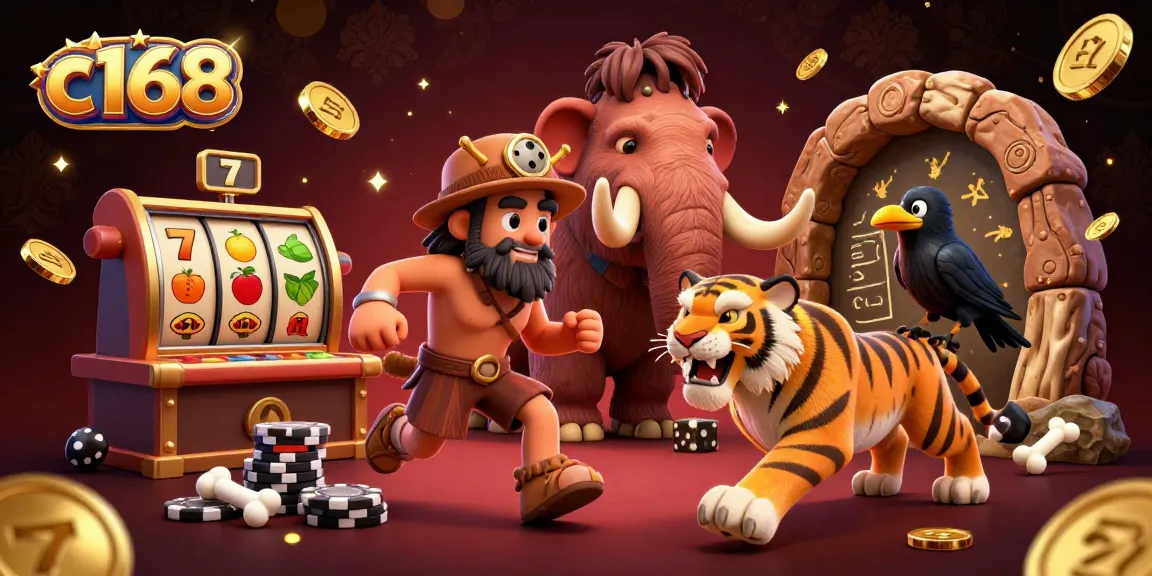 Experience thrilling games at c168, where prehistoric characters play casino with dazzling slot elements.