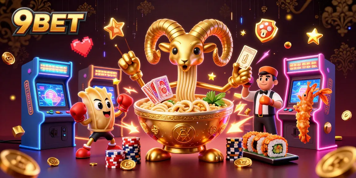 Experience vibrant gameplay action with 9BET's giant ramen bowl dealer surrounded by casino elements.